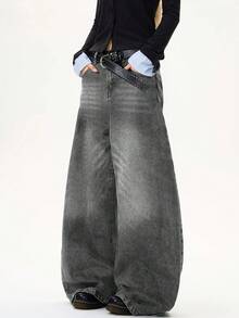 1 chiếc quần jeans ống rộng dáng suông Hearty Haven, phong cách thường ngày, đa năng, thích hợp mặc đường phố. - Màu Xám nhạt - Xem 4