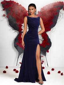 Đầm thanh lịch cổ chữ V, màu trơn, eo cao, xếp ly, xẻ tà sau, thích hợp cho các dịp trang trọng như dạ hội, tiệc chiêu đãi, vũ hội, đám cưới, dạ tiệc, hẹn hò, tiệc tối trang trọng, tiệc sinh nhật, tiệc lễ hội và họp mặt gia đình. - Màu xanh hải quân - Xem 10