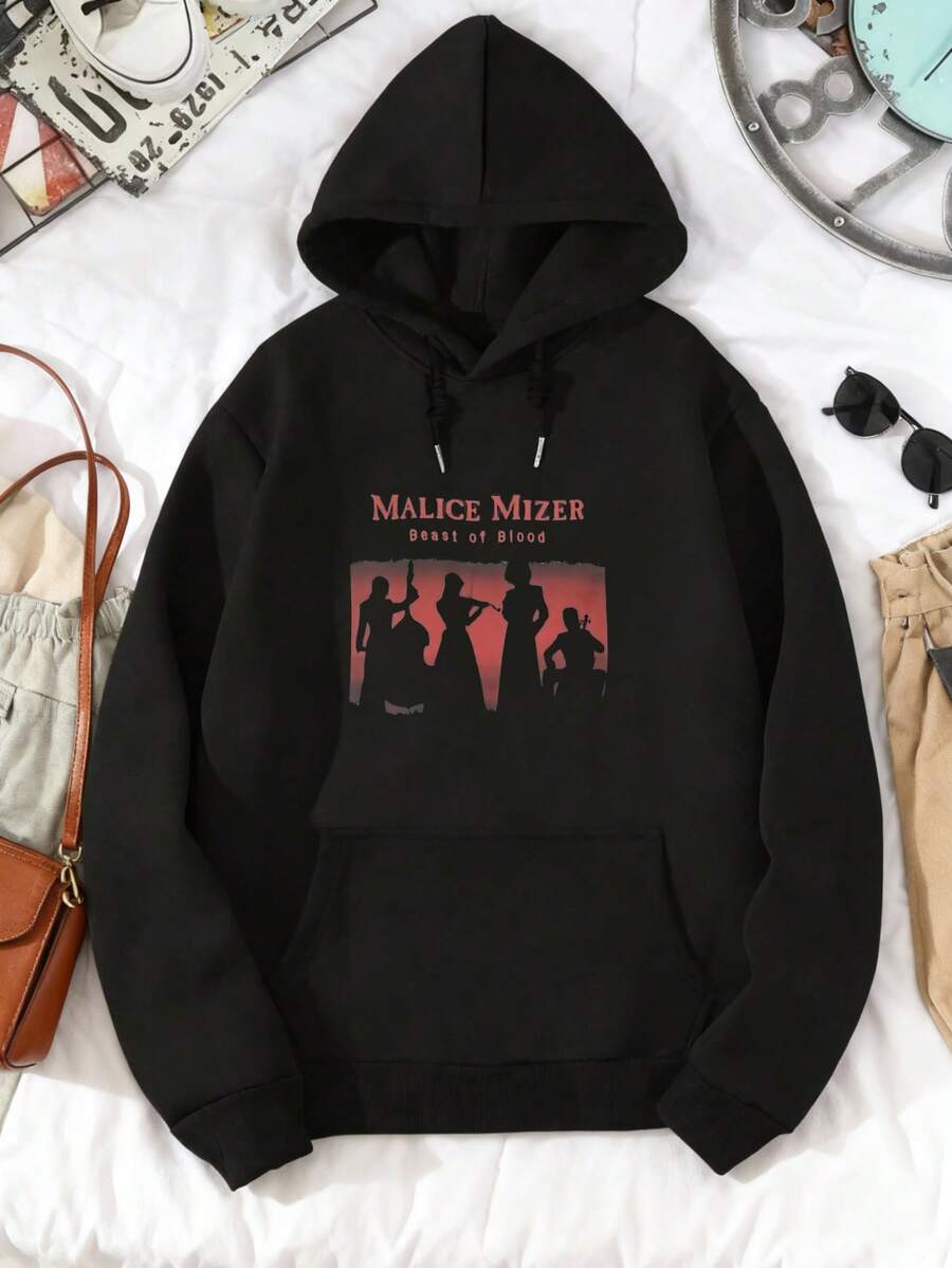 Women's Casual Printed Hoodie Christmas Clothes Women's Sweatshirt Malice Mizer   Dance Of Blood   Silhouette Figures   Red Background   Band Name Unisex Pullover Sweatshirt Autumn/Winter - 黑色 - 查看 1