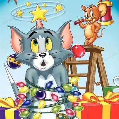Warner Bros Kit de pintura de diamante 5D com árvore de Natal de gato e rato em desenho animado, faça você mesmo, mosaico de diamante redondo, decoração de parede em tela, ideal para decoração de casa.