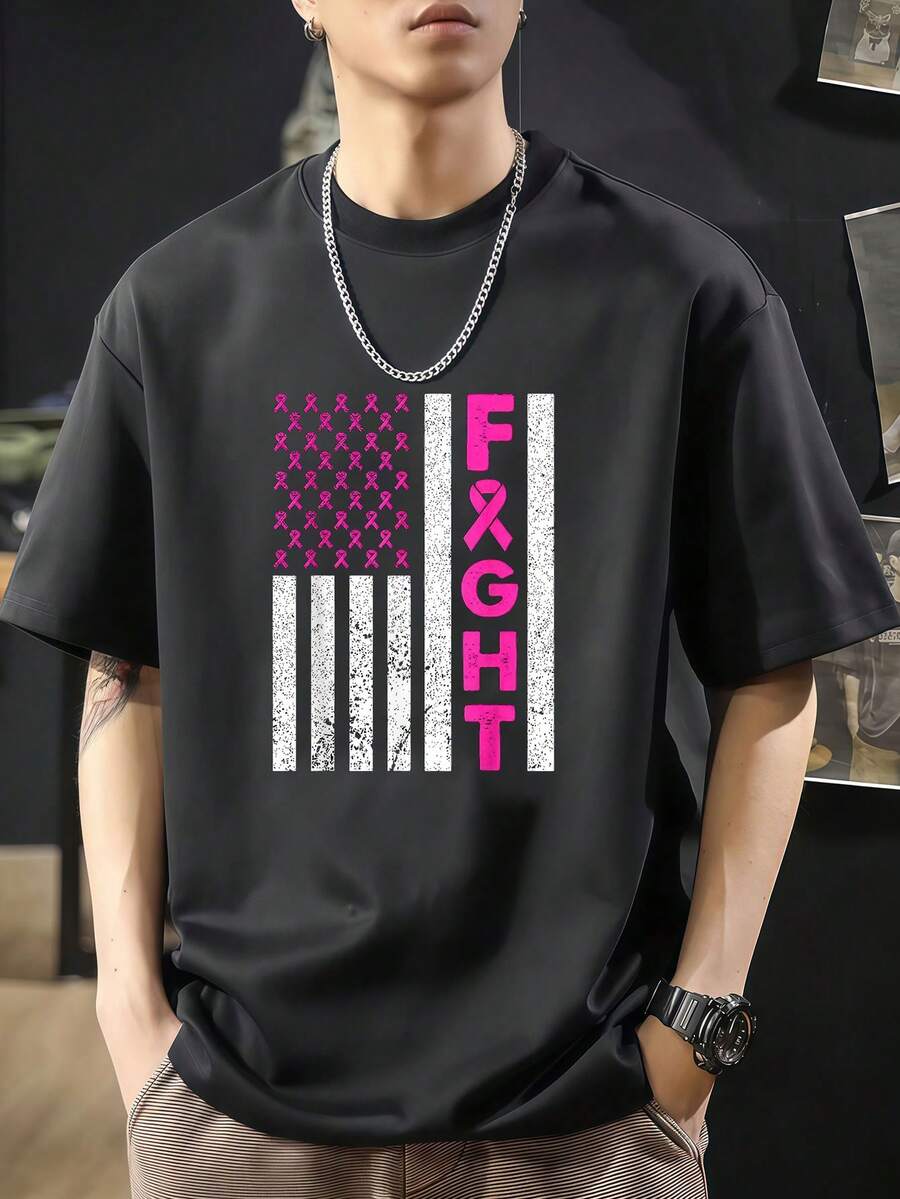 Camiseta de lucha el cáncer de mama. Artículos de concientización sobre el cáncer de mama. Camiseta de manga corta de algodón de 220 g, impresión por una cara - Negro - Ver 1