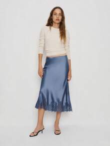 Women Silk Satin Half Slip Long Skirts Lace Patchwork Elastic Waist Long Skirt Elegant Silky Flowy A Line Midi Skirts - 藍色 - 查看 2
