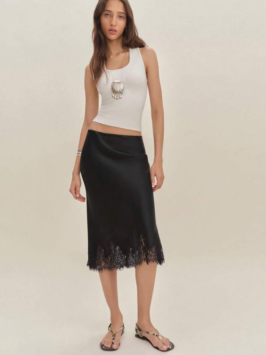 Women Silk Satin Half Slip Long Skirts Lace Patchwork Elastic Waist Long Skirt Elegant Silky Flowy A Line Midi Skirts - 黑色 - 查看 1