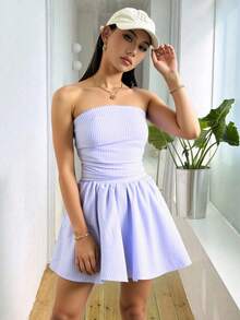 Vestido corto rosa elegante y sexy para mujer, sin tirantes, corte en A, con bajo plisado y cintura ajustada, confeccionado en tejido plano. - Azul - Ver 3