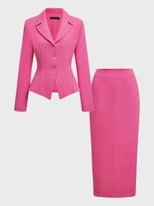 2pcs/Set Elegant Business Formal Suit Blazer + Slit Hem Skirt Outfit Spring - Hot Pink - View 5