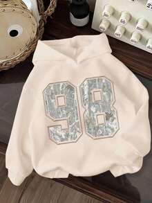 Winter Clothes For WomenTween Girl Casual Hooded Thick Sweatshirt, College Style Numeric & Camouflage Leaf Print, Campus Vibe, Citywalk, Street Atmosphere, Leisure Campus Sports Style, Suitable For Autumn/Winter FallLoose And Comfortablesudaderas De Mujer - 米色 - 查看 1