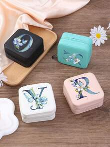 1 Peça Caixa de Joias Portátil com Letra Floral - Forro de Veludo, Caixa de Armazenamento de Mesa, Pode Armazenar Anéis, Brincos, Colares - Leve, Caixa de Joias de Viagem com Zíper, Caixa de Armazenamento de Joias, Caixa de Armazenamento de Maquiagem Portátil Minimalista Clássica com Zíper Quadrada, Caixa de Armazenamento de Acessórios de Joias Criativa Portátil para Brincos, Anéis e Pulseiras - Azul - Visão 3