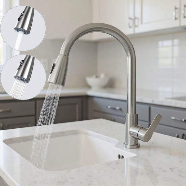 304 Stainless Steel Classic Pull-Down Kitchen Faucet With Dual Function Spray And Stream Nozzle, Single Hole Mount, Polished Chrome Finish, Ceramic Valve, G1/2 Asian Standard Inlet - Suitable For Kitchen, Bar, Bathroom, Utility Area