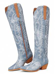 Denim Embroidery Cowgirl Tall Boots Retro Chunky Heel Snip Toe Knee High Women Western Boots Vintage Fashion Wide Calf Rididng Boots - 藍色 - 查看 4