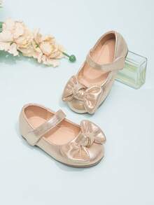 女童可爱蝴蝶结装饰圆头平底鞋，公主风，春秋季 - 金色 - 查看 1