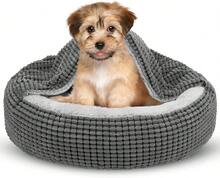 Small Dog Bed With Attached Blanket, Cozy Donut Cuddler Anti-Anxiety Hooded Pet Beds Calming Cave Bed. Orthopedic Round Puppy Beds For Dogs Or Cats Washable, Anti-Slip Bottom, 23inch - 灰色 - 查看 11
