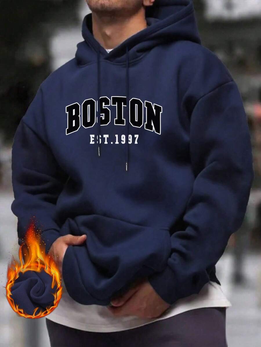 男士波士顿字母印花休闲连帽卫衣，开学季，秋冬 - 藏蓝色 - 查看 1