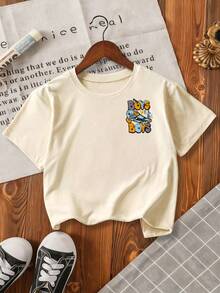 Young Boy Letter & Skateboard Print Round Neck Short Sleeve Casual Versatile T-Shirt - Apricot - View 2