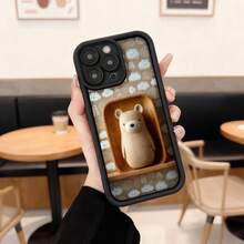 Cubierta de teléfono con soporte 3D para iPhone color negro con estampado de oso y nubes diseño kawaii ideal para uso diario en cafeterías y espacios casuales Aplicable a los teléfonos de la serie Apple y Galaxy - Blanco - Ver 3