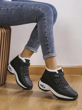 Women's Thermal Lined High-Top Outdoor Sports Shoes, Winter, Leather Upper With Fur Trim, Decorated With Air Cushion, Anti-Slip, Front Lace-Up, Hook And Loop Closure, Warm