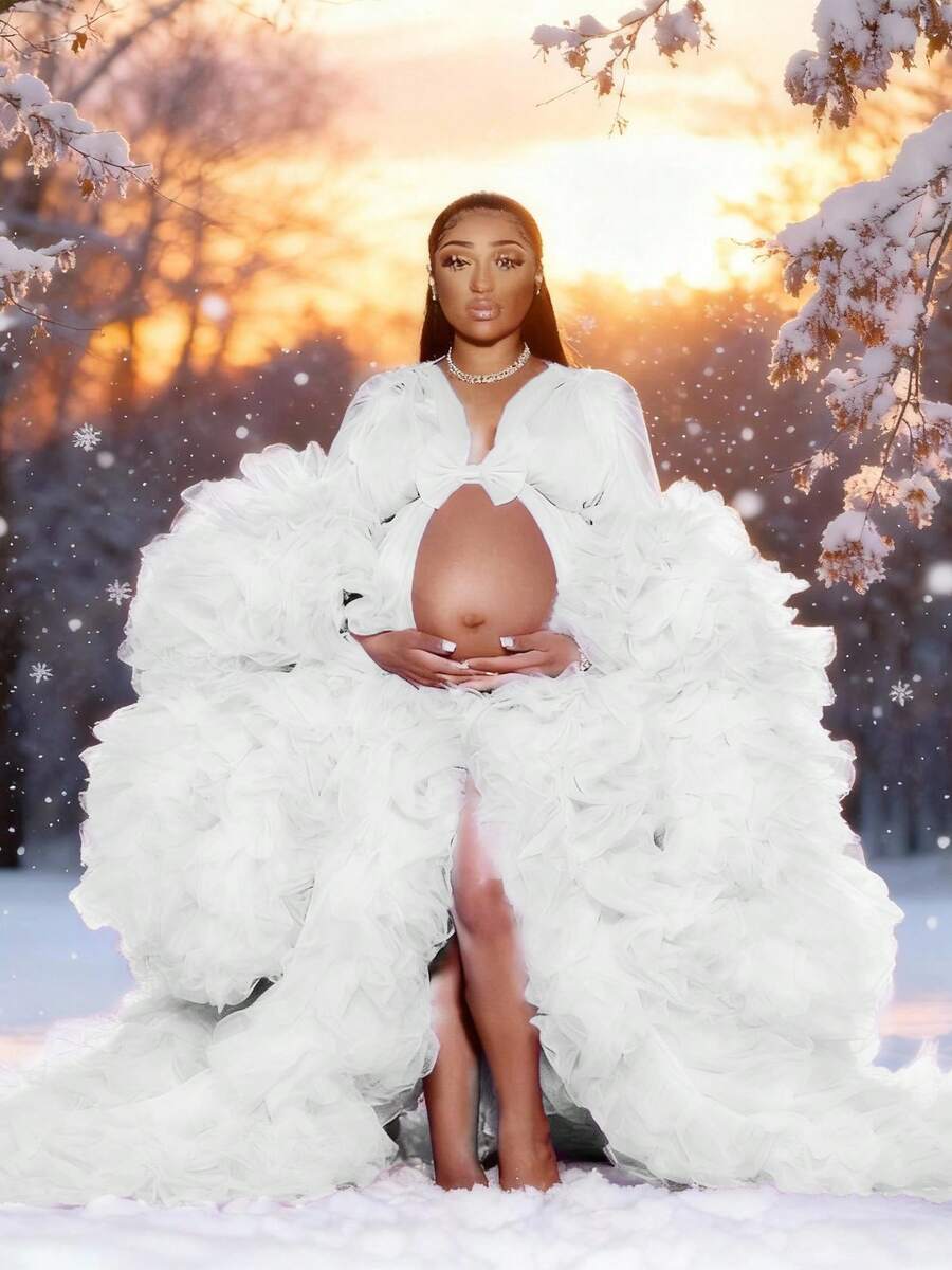 1 Piece  Maternity Dresses  Pregnant Gown For Photoshoot  Christmas    Sexy    Mesh Fabric    Ruffle Hem    Wedding    Kimono  Women Dresses  With Belt Tie  Relax Fit  Oversized - trắng - Xem 1