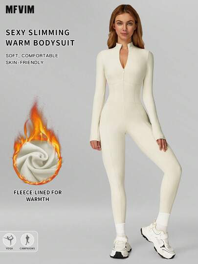 MFVIM Aprikosfärgad termojumpsuit med smal passform, bekväm, avslappnad och sexig utomhuspendling, lämplig för yoga, gym, löpning och träning, mångsidig jumpsuit för höst/vinter
