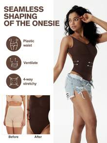 1pc Women's Seamless Backless Bodysuit With Tummy Control - Brown - View 2