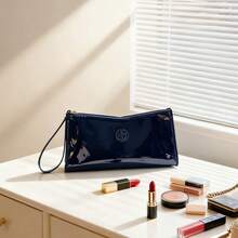 Armani Women's Deep Blue Patent Leather Chain Shoulder Bag, Glossy Clutch With Brand Logo, Elegant And Versatile Light Luxury Style