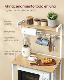 VASAGLE Estantería de Cocina con Enchufe Múltiple, Barra de Café de 4 Niveles con Estante Ajustable, Soporte de Microondas y Toallas, 40 x 60 x 140 cm, Roble Dorado y Blanco Nube - Blanco - Ver 3