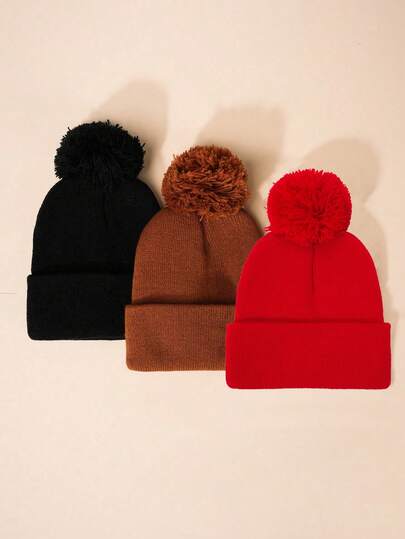 3pcs/Set Kids/Baby Y2K Style Solid Color Knit Beanie Hats With Pom Pom, Outdoor Warm Casual Winter Caps Suitable For Daily Commute