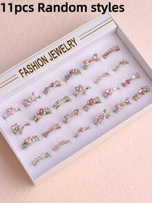 11件/套 精致可爱粉色水钻戒指，男女童生日派对礼物，日常配饰 - 11個粉紅水鑽尾戒指 - 查看 10