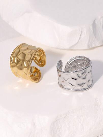 1pc Fashionable Versatile Niche Minimalist Chic Gold-Plated Stainless Steel Hammered Wide Open Ring, Suitable For Women's Daily, Party, And Date Wear