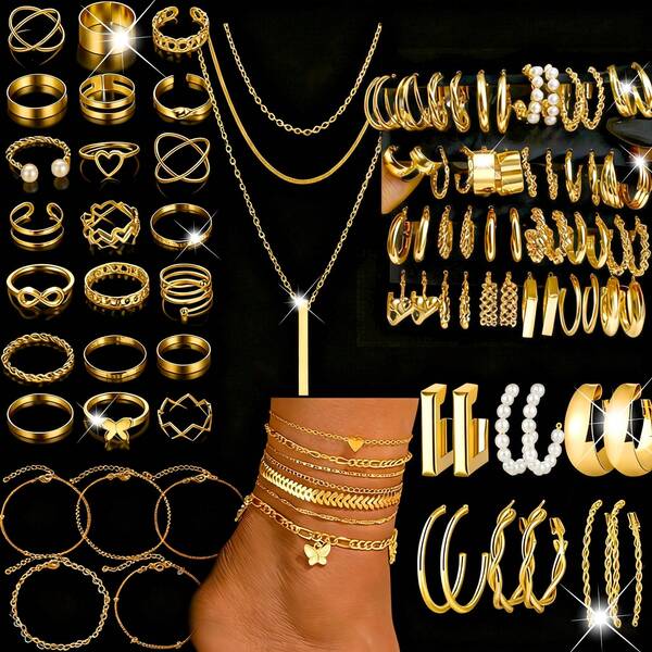 61/37pcs Vintage Elegant Everyday Metal Earrings, Necklace, Ring, Anklet Jewelry Set, Suitable For Women's Daily Wear