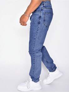 Jeans casuales lavados con bolsillos en ángulo y corte entallado para hombres - Agua verde azul - Ver 2