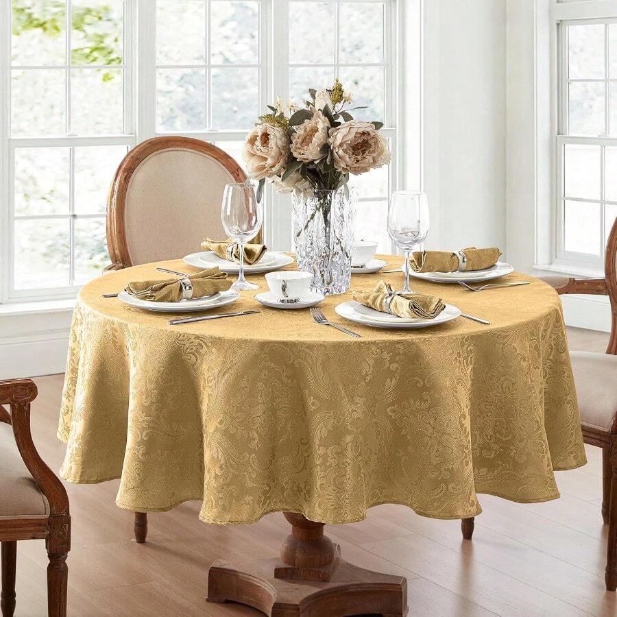 HOME FASHIONS Caiden Elegance - Mantel de Tela Resistente al Agua a Las Manchas y a Las Arrugas Redondo de 70 Pulgadas Dorado - Dorado - Ver 1