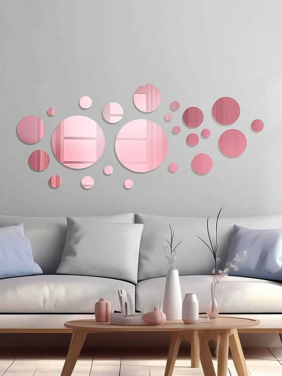 32 miếng dán tường hình tròn màu vàng hồng, decal dán tường gương acrylic tự làm, miếng dán gạch gương tròn, trang trí tường gương tròn acrylic, trang trí phòng, trang trí phòng ngủ, trang trí nhà cửa, trang trí tường, trang trí phòng tắm.