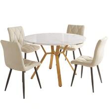 Dining Table Set, Dining Table And Chairs Set (5-Piece Set), Modern And Simple Round Dearmol Dining Table, Gold Metal Table Legs + 4 Ergonomic Velvet Chairs, Beige Dining Chairs - Golden + MDF+Metal - View 3