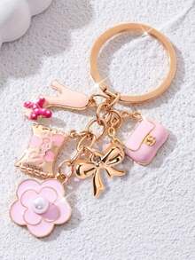 1pc Cute Round Metal Love Theme Keychain With Golden Bow, Pink High Heel, And Camellia Flower Decor, Perfect Wedding Holiday Gift Or Ideal Accessory For Women Handbag, Keychain, Unique Phone Charm - Multicolor - View 11