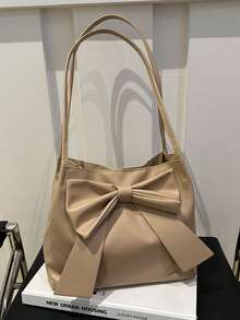 1个纯色PU皮革女士单肩包，超轻便携，时尚蝴蝶结装饰，优雅大容量，完美的情人节礼物，蝴蝶结钱包，最佳情人节礼物之选 - 卡其色 - 查看 6