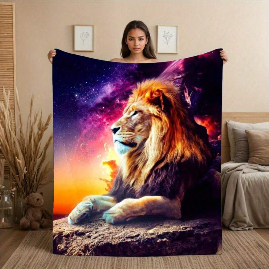 1pc Lion For Galaxy Sky Flannel Throw Blanket - Lion & Cosmic Nebula Design, Soft Cozy Polyester All-Season Blanket For Couch, Bed, Travel, Camping - Vibrant Digital Print Space Theme Home Decor Gift For Christmas, Halloween - 白色 - 查看 1