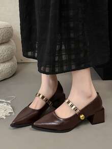 Black Versatile Color Block Pointed Toe Chunky Heel Pumps, New 2025 Korean Version Metal Buckle Mid-Heel Mary Jane Shoes For Women - Brown - View 5