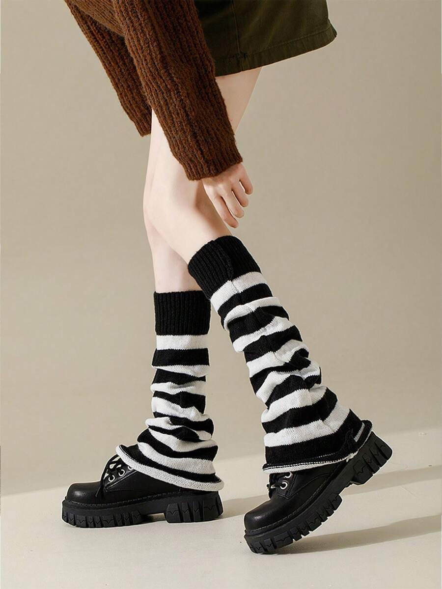 1 双女童 Y2K 黑白条纹护腿套 - 黑與白 - 查看 1