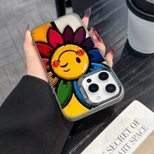Colorful Silver Apple Phone CaseColorful Flower With A Happy Winking  FaceCompatible With  11 To  17 Models The Cases Lens Protection Function Ensures The Camera Remains Undamaged During Shooting  Guaranteeing Image Quality - 黑色 - 查看 3