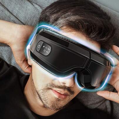 Ögonmassageapparat med Bluetooth-musik och värme, 5 massagelägen, 180° vikbar design, värme- och kylfunktioner för huvudvärk, torra ögon, mörka ringar under ögonen, uppladdningsbar Bluetooth-musikögonmassageapparat för att förbättra sömnen, present till vänner, mamma och pappa, svart, rosa