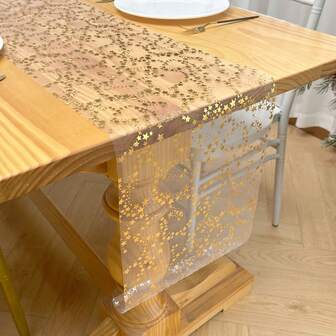 1pc 270cm*28cm Gold Star Shiny Tulle Organza Table Runner, Metallic Foil, Rectangular, Christmas Holiday Home Decor, All Season