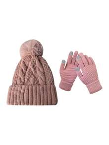 2pcs/Set Winter Knitted Beanie Hat With Thick Lining & Large Brim, Versatile Warm Solid Color Riding & Outdoor Hat And Gloves Set, European And American Style, For Women Winter Gear - Multicolor - View 12