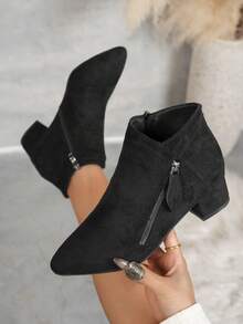 Women's Fashion Solid Color Pointed Toe Chunky High Heel Ankle Boots - Fashionable Soft Exterior, Diagonal Zipper Decor, Side Zipper, Suitable For Autumn/Winter