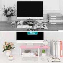 Wood Desktop Shelf, Freestanding Small Bookshelf Dorm Supplies Organizers, 2 Tier Stackable Desk Stand, Adjustable Storage Organizer, Kitchen Counter Display Rack, White - Pink - View 6