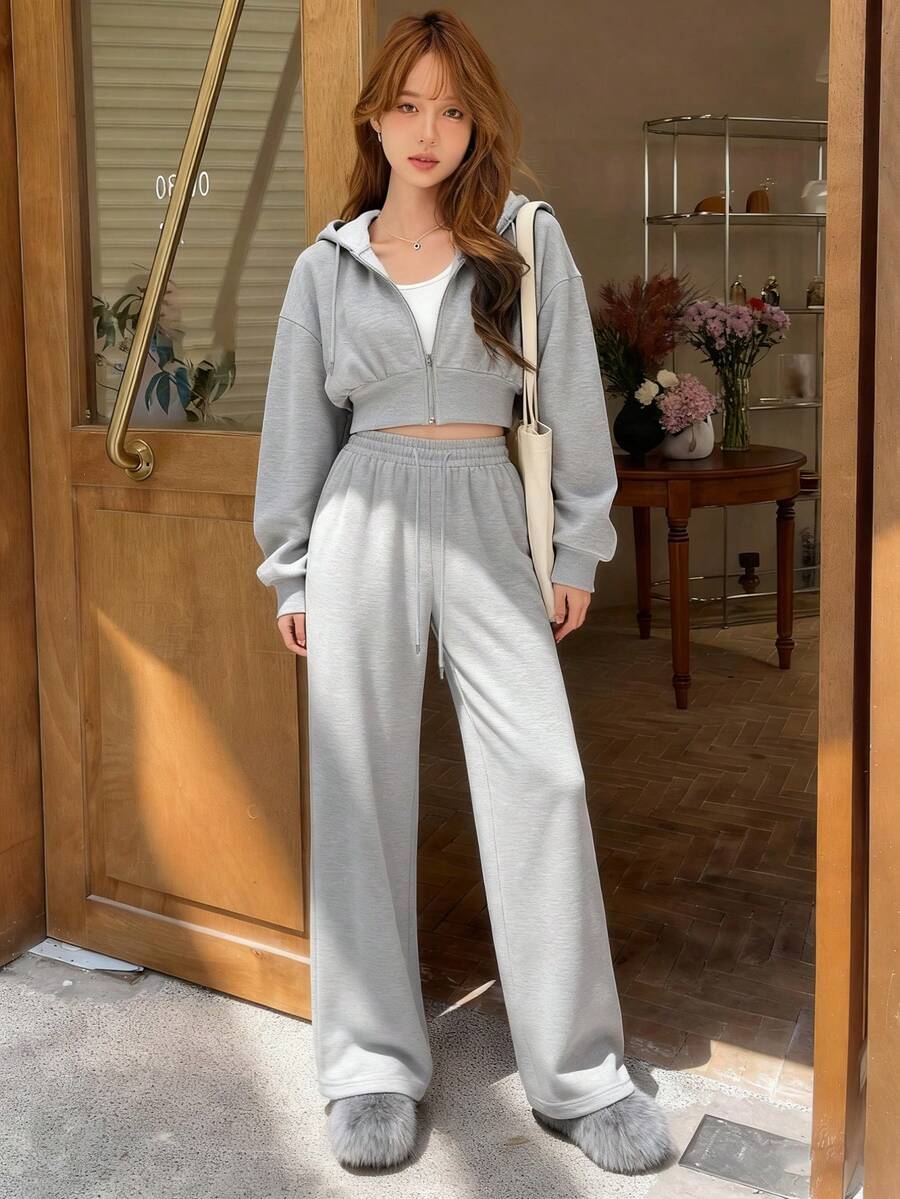 Women's Casual Fashion Hooded Sweatshirt And Loose Sweatpants Set, Grey, For Daily Wear