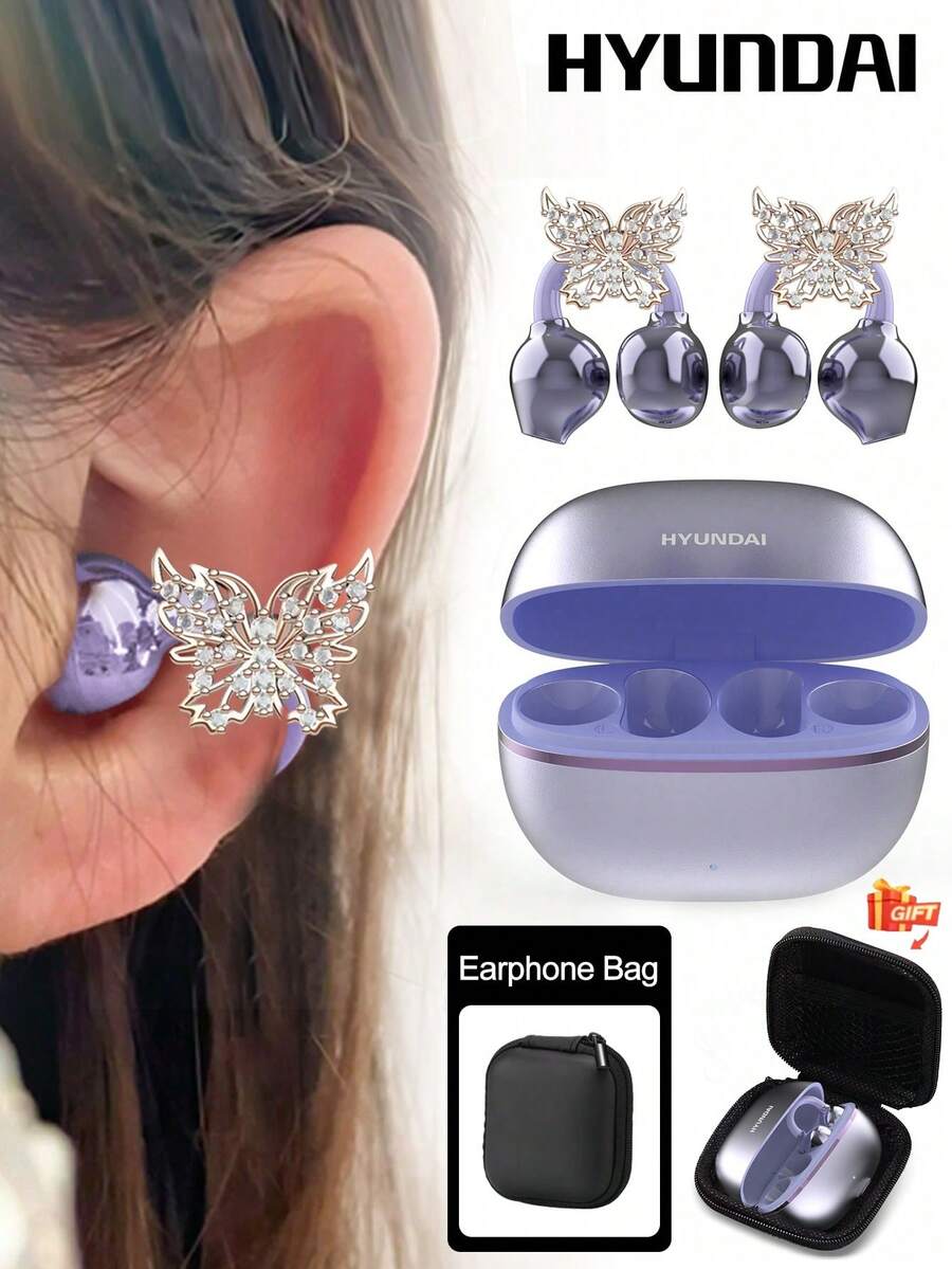 Tai nghe Bluetooth thời trang HYUNDAI EarclipC7 kèm phụ kiện tai nghe hình bướm, kèm hộp đựng tai nghe. Kiểu kẹp, thích hợp cho thể thao, nghe nhạc, chơi game, độ trễ thấp, gọi điện HD có micro, thời lượng pin dài, chống nước IP45, đeo thoải mái, không cần xỏ khuyên tai, phụ kiện khuyên tai thời trang, quà tặng tuyệt vời cho phái đẹp. - Tai nghe + Hoa tai bướm vàng hồng + Túi - Xem 1