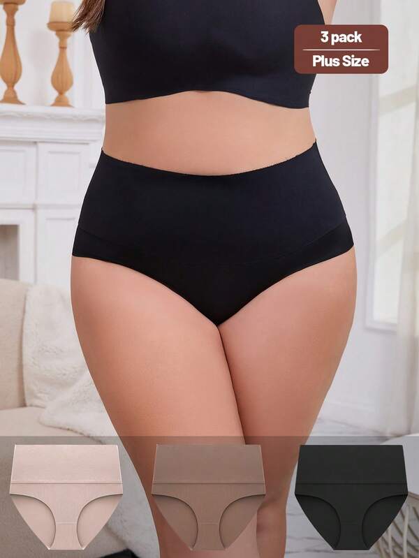 3Pcs Seamless Underwear Women Plus Size High-Waist Solid Color Panties Breathable Soft Comfortable Briefs ﻿