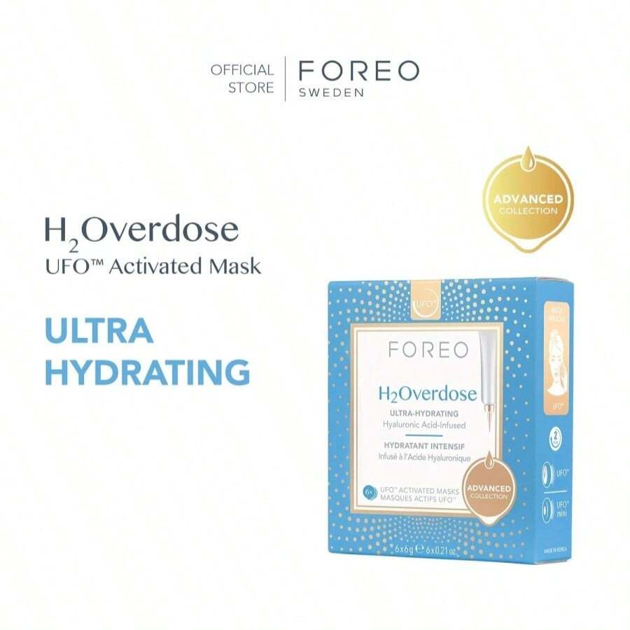 FOREO H2Overdose Advanced Collection 20 UFO-Activated Facial Mask - Hydrating Facial - Beauty &Amp; Personal Care - Hyaluronic Acid &Amp; Vitamin E - For All Skin Types - Dry Skin &Amp; Flaky Skin - 6 Pcs In Pack - trắng - Xem 1