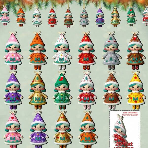 16 neue 2D-flache 12-teilige Vintage-Weihnachtsornamente aus Holz mit kleinen Mädchenmotiven - perfekt für Weihnachtsfeiern