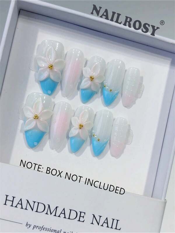 nailrosy 10 Unhas Postiças Acrílicas Artesanais Azuis com Verniz Transparente no Meio, Formato Amêndoa, Curtas, com Design Floral 3D, Suprimentos para Unhas Postiças, Ferramentas para Unhas, Ideal para Casamento, Aniversário, Festa, Unhas Estilo Francês Fofas