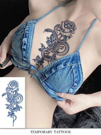 1pc Fashion Snake Wrapped Rose Flower Tattoo Sticker, Lasts 1-2 Weeks, Waterproof And Easy To Use, Suitable For Arms, Waist, Feet Of Men And Women, Natural Matte Finish, Reusable Waterproof Temporary Tattoo, Essential For Parties, Gifts, Travel, Music Festivals, Daily Use